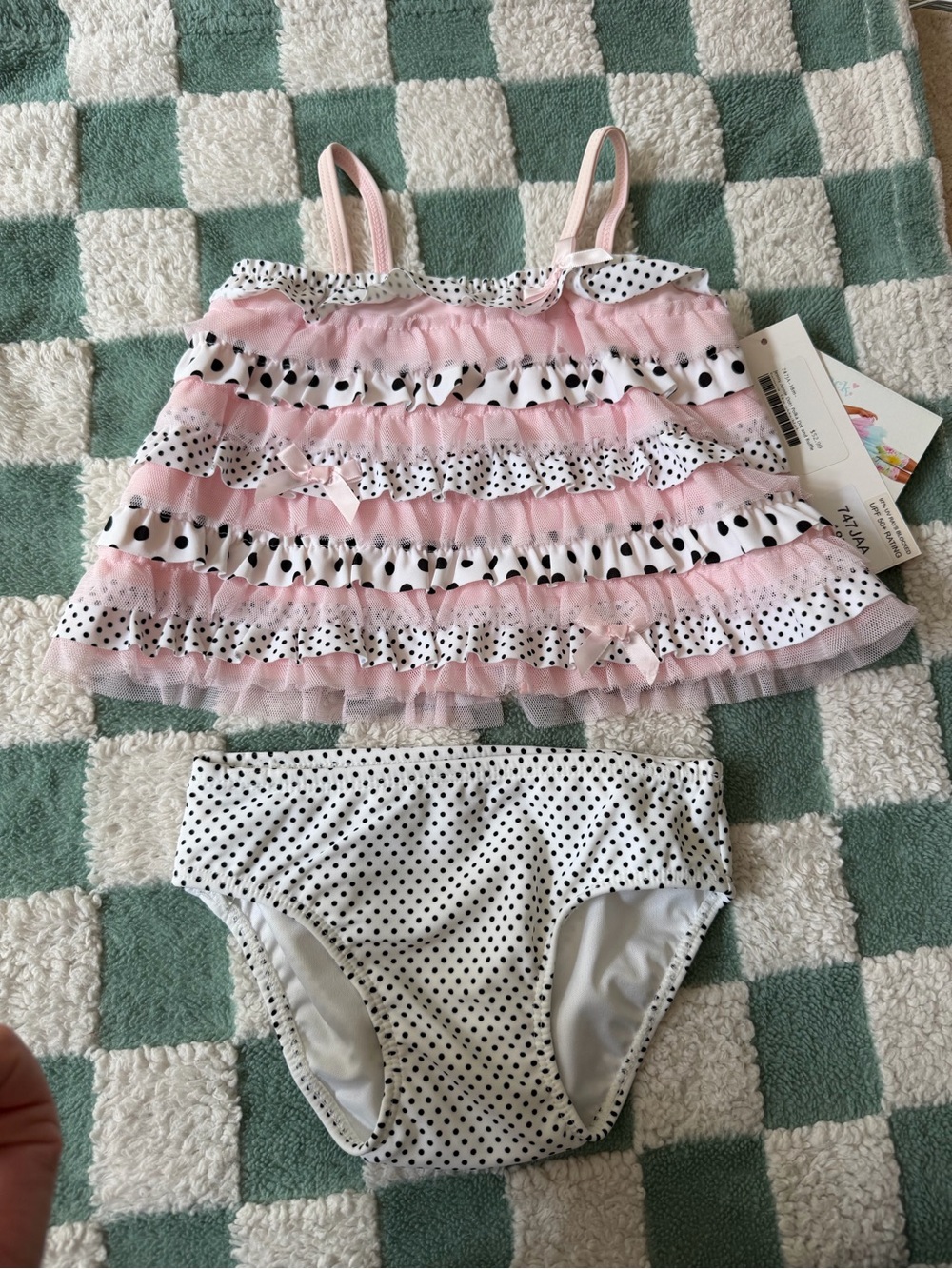 Kate Mack Pink Ruffle Tankini with Black Polka Dot Bottoms
